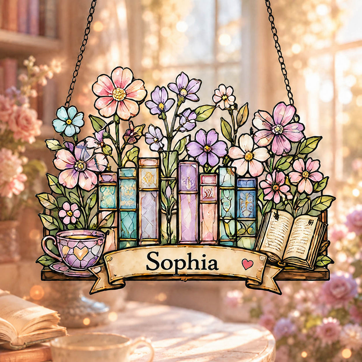 Floral Bookshelf Book Lover Garden Window Decor  - Personalized Window Hanging Suncatcher