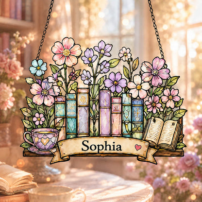 Floral Bookshelf Book Lover Garden Window Decor  - Personalized Window Hanging Suncatcher