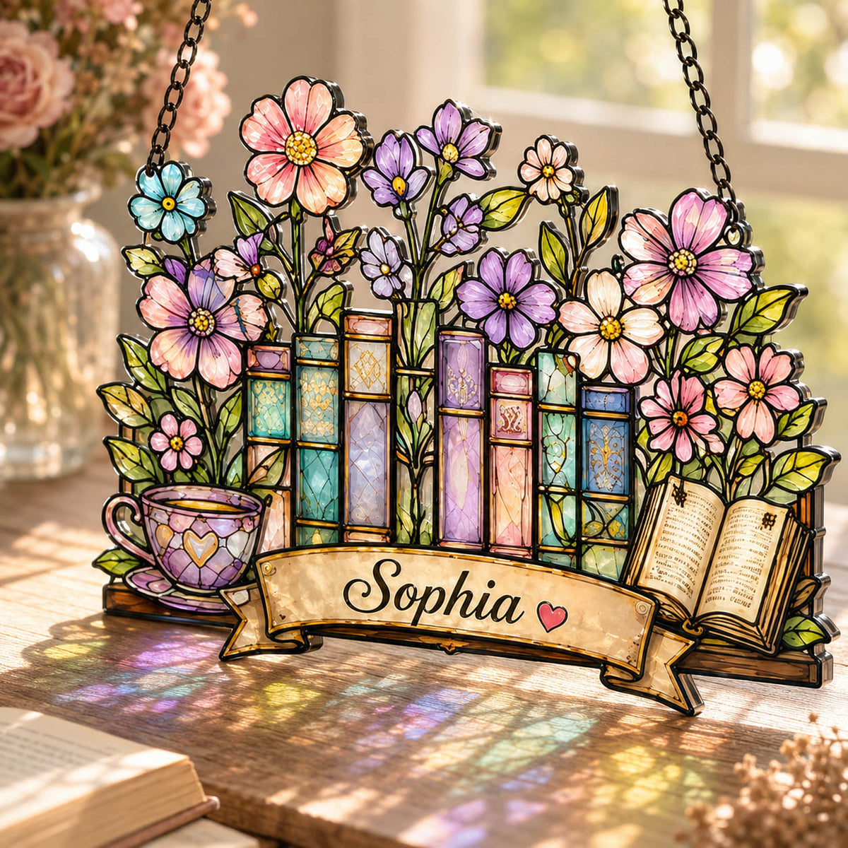 Floral Bookshelf Book Lover Garden Window Decor  - Personalized Window Hanging Suncatcher