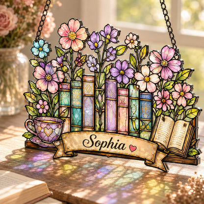 Floral Bookshelf Book Lover Garden Window Decor  - Personalized Window Hanging Suncatcher