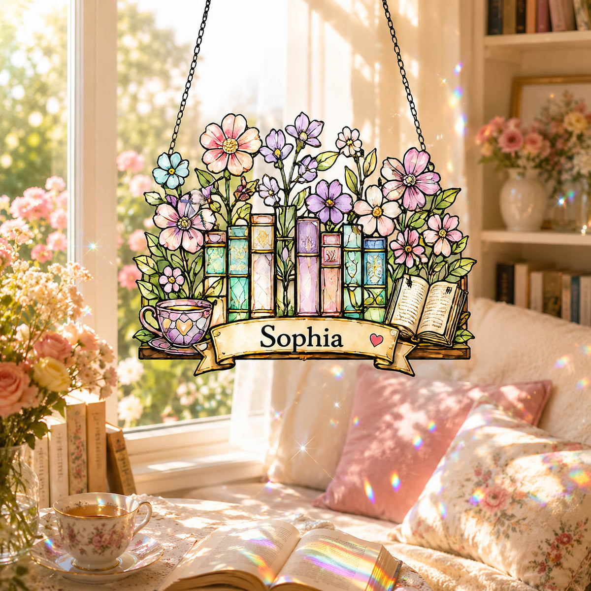 Floral Bookshelf Book Lover Garden Window Decor  - Personalized Window Hanging Suncatcher