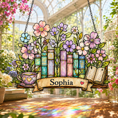 Floral Bookshelf Book Lover Garden Window Decor  - Personalized Window Hanging Suncatcher