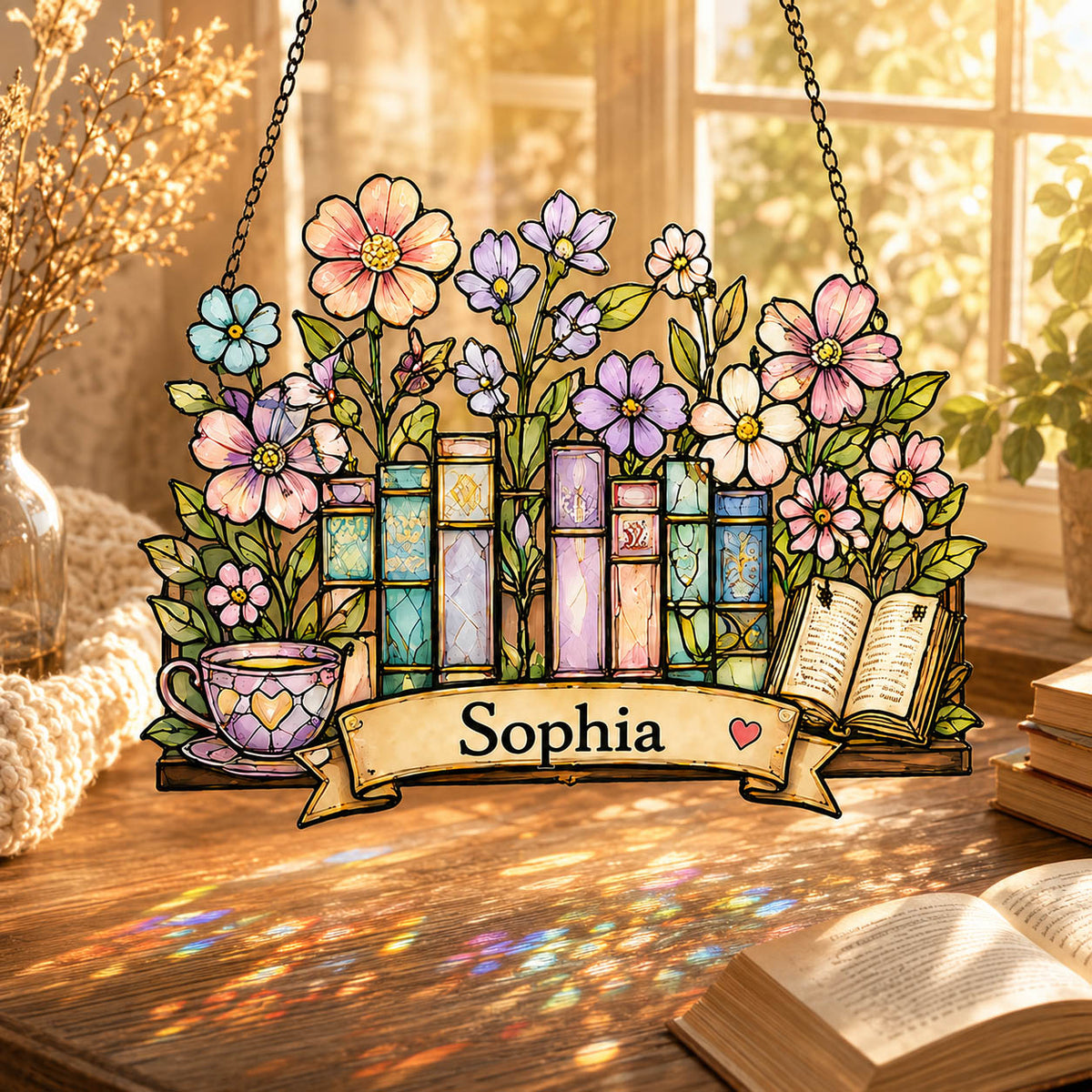 Floral Bookshelf Book Lover Garden Window Decor  - Personalized Window Hanging Suncatcher