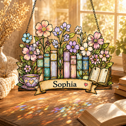 Floral Bookshelf Book Lover Garden Window Decor  - Personalized Window Hanging Suncatcher