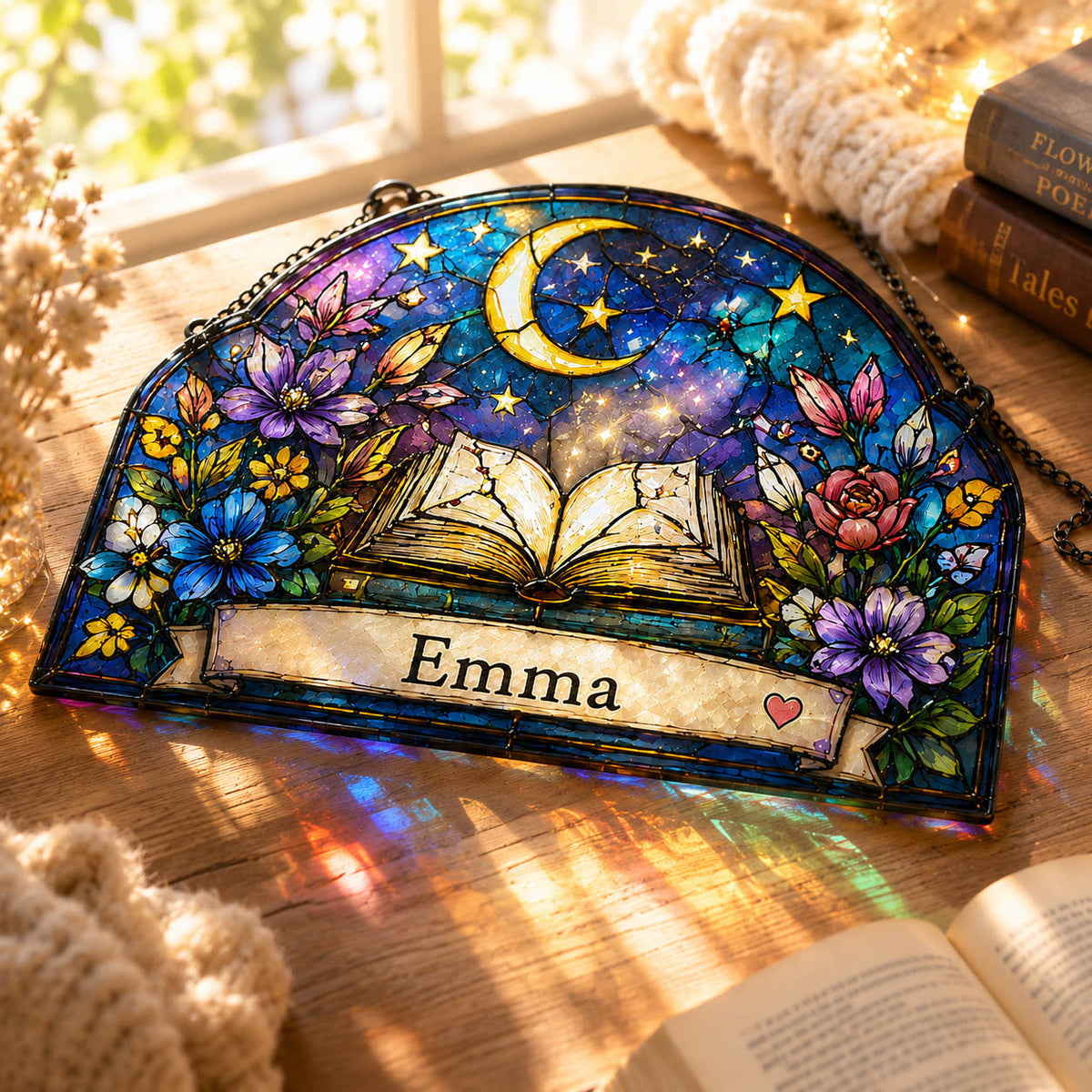 Celestial Book Moon and Stars Reading Gift - Personalized Window Hanging Suncatcher