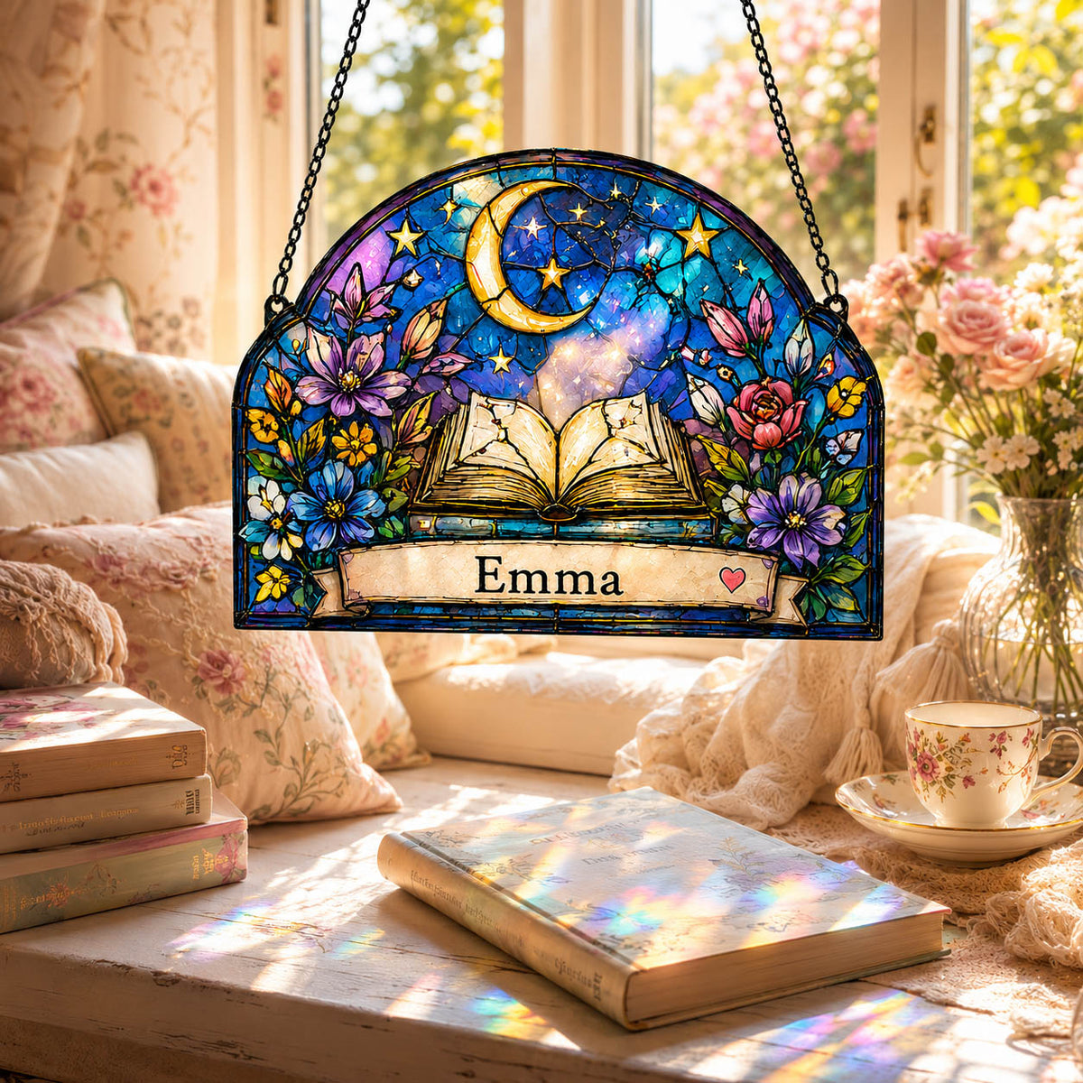 Celestial Book Moon and Stars Reading Gift - Personalized Window Hanging Suncatcher