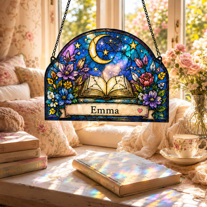 Celestial Book Moon and Stars Reading Gift - Personalized Window Hanging Suncatcher