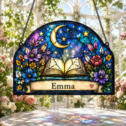 Celestial Book Moon and Stars Reading Gift - Personalized Window Hanging Suncatcher