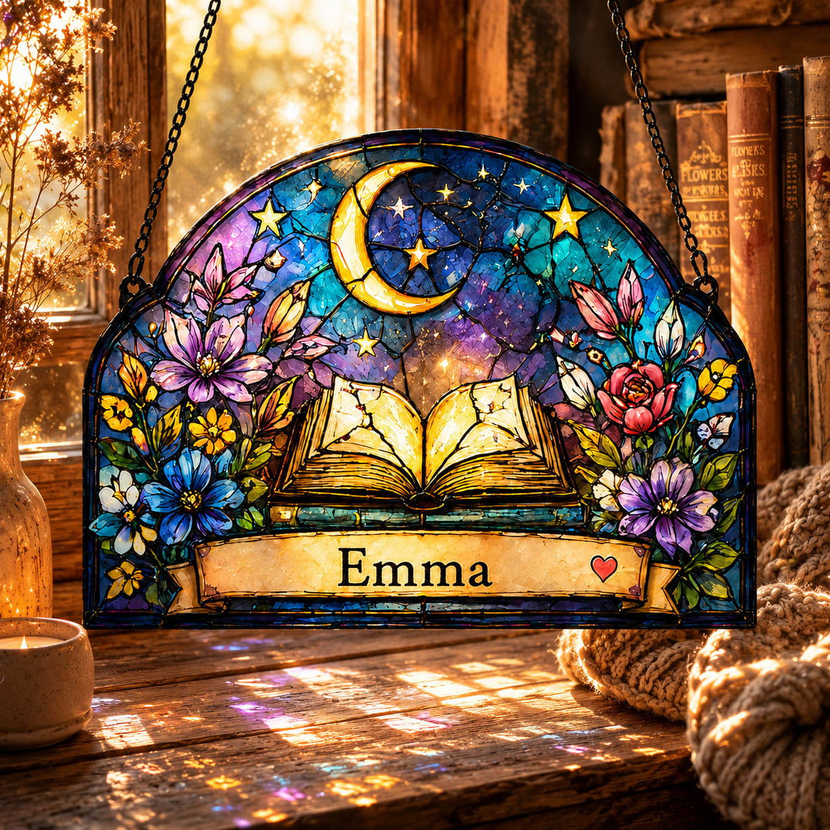 Celestial Book Moon and Stars Reading Gift - Personalized Window Hanging Suncatcher