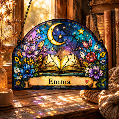 Celestial Book Moon and Stars Reading Gift - Personalized Window Hanging Suncatcher