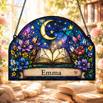 Celestial Book Moon and Stars Reading Gift - Personalized Window Hanging Suncatcher