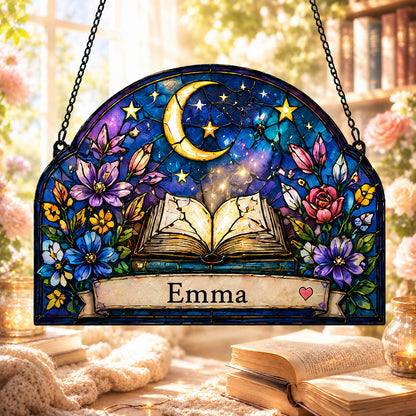 Celestial Book Moon and Stars Reading Gift - Personalized Window Hanging Suncatcher
