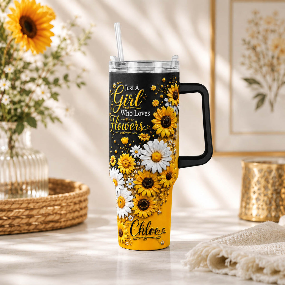 Sunflower Daisy Flower Lover Gift - Personalized 40oz Tumbler