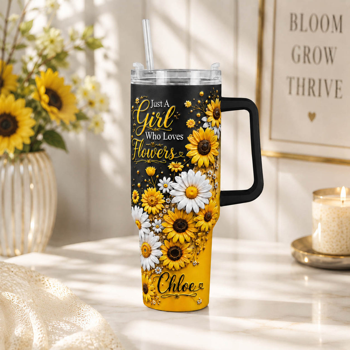Sunflower Daisy Flower Lover Gift - Personalized 40oz Tumbler