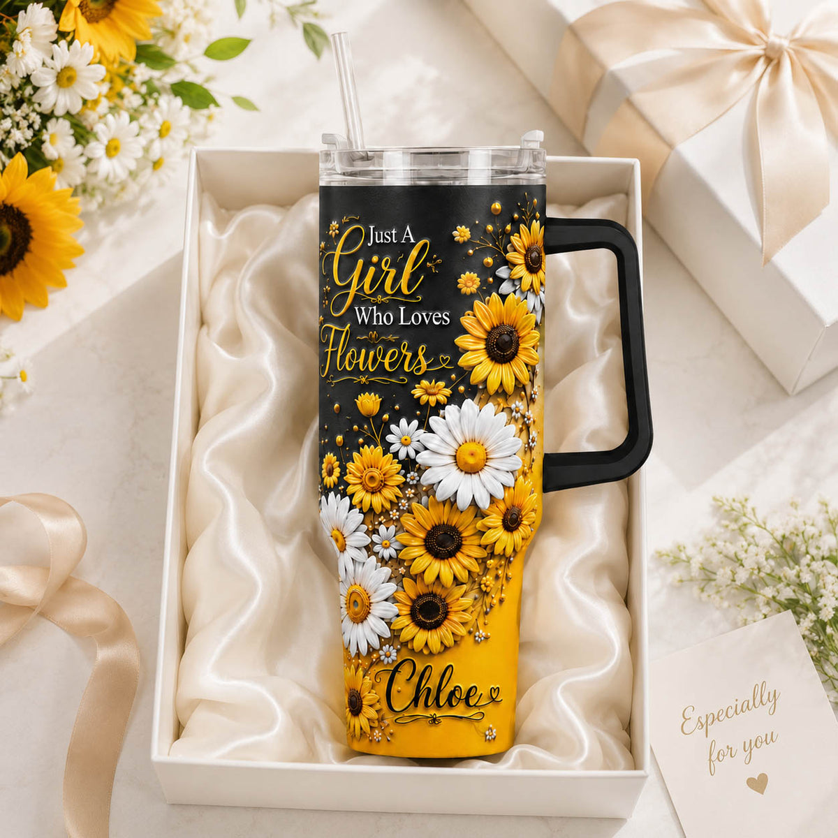 Sunflower Daisy Flower Lover Gift - Personalized 40oz Tumbler