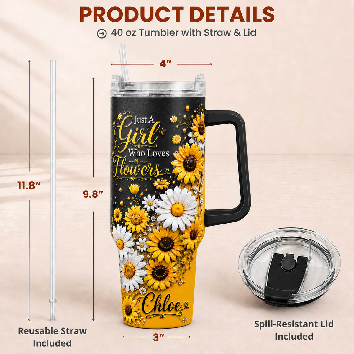 Sunflower Daisy Flower Lover Gift - Personalized 40oz Tumbler