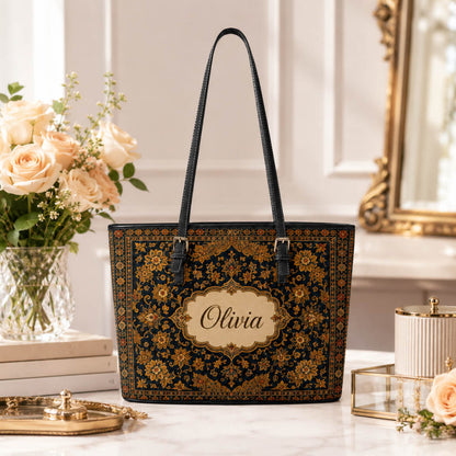 Vintage Persian Floral Travel Gift for Her - Personalized Leather Tote Bag