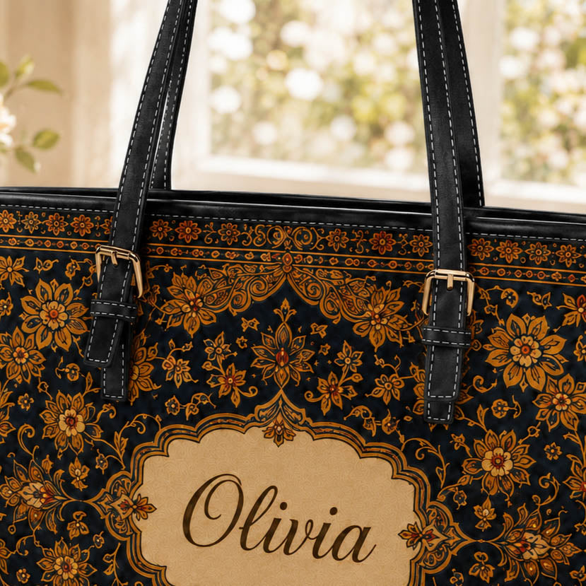 Vintage Persian Floral Travel Gift for Her - Personalized Leather Tote Bag