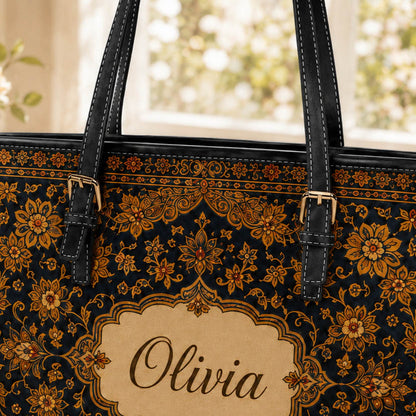 Vintage Persian Floral Travel Gift for Her - Personalized Leather Tote Bag