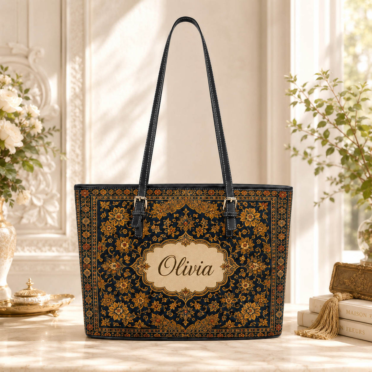 Vintage Persian Floral Travel Gift for Her - Personalized Leather Tote Bag