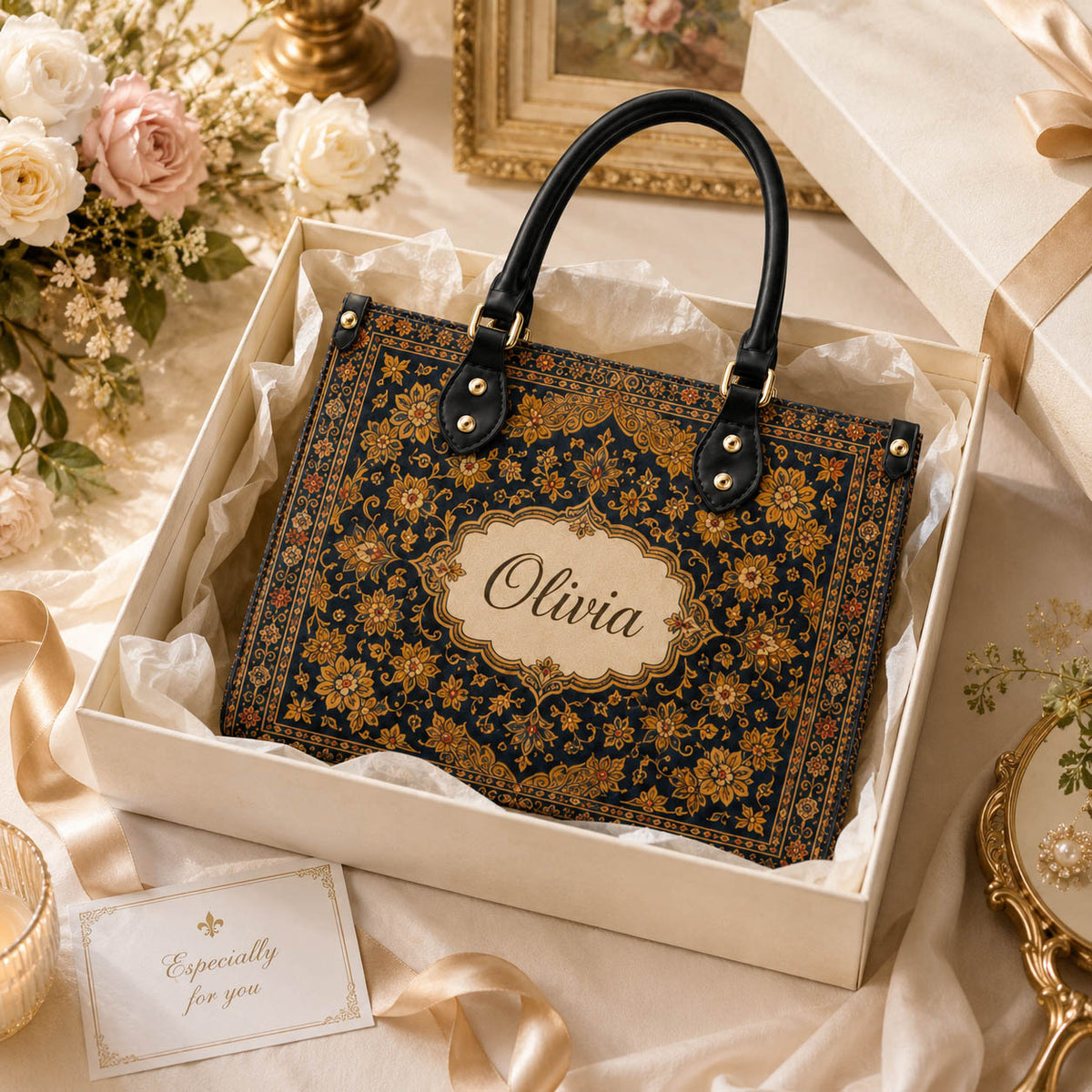 Vintage Persian Floral Gift for Her - Personalized Leather Bag