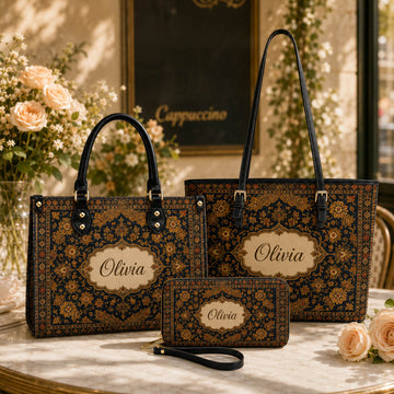 Black Vintage Floral Boho Purse Set Gift for Her - Personalized Leather Bag Tote Bag & Wallet Set