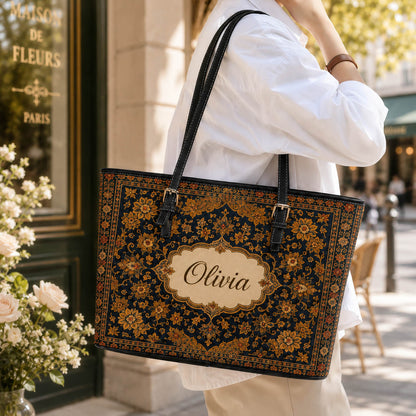 Vintage Persian Floral Travel Gift for Her - Personalized Leather Tote Bag