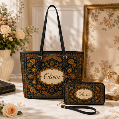 Black Persian Rug Boho Floral Travel Wallet Gift for Her - Personalized Leather Long Wallet
