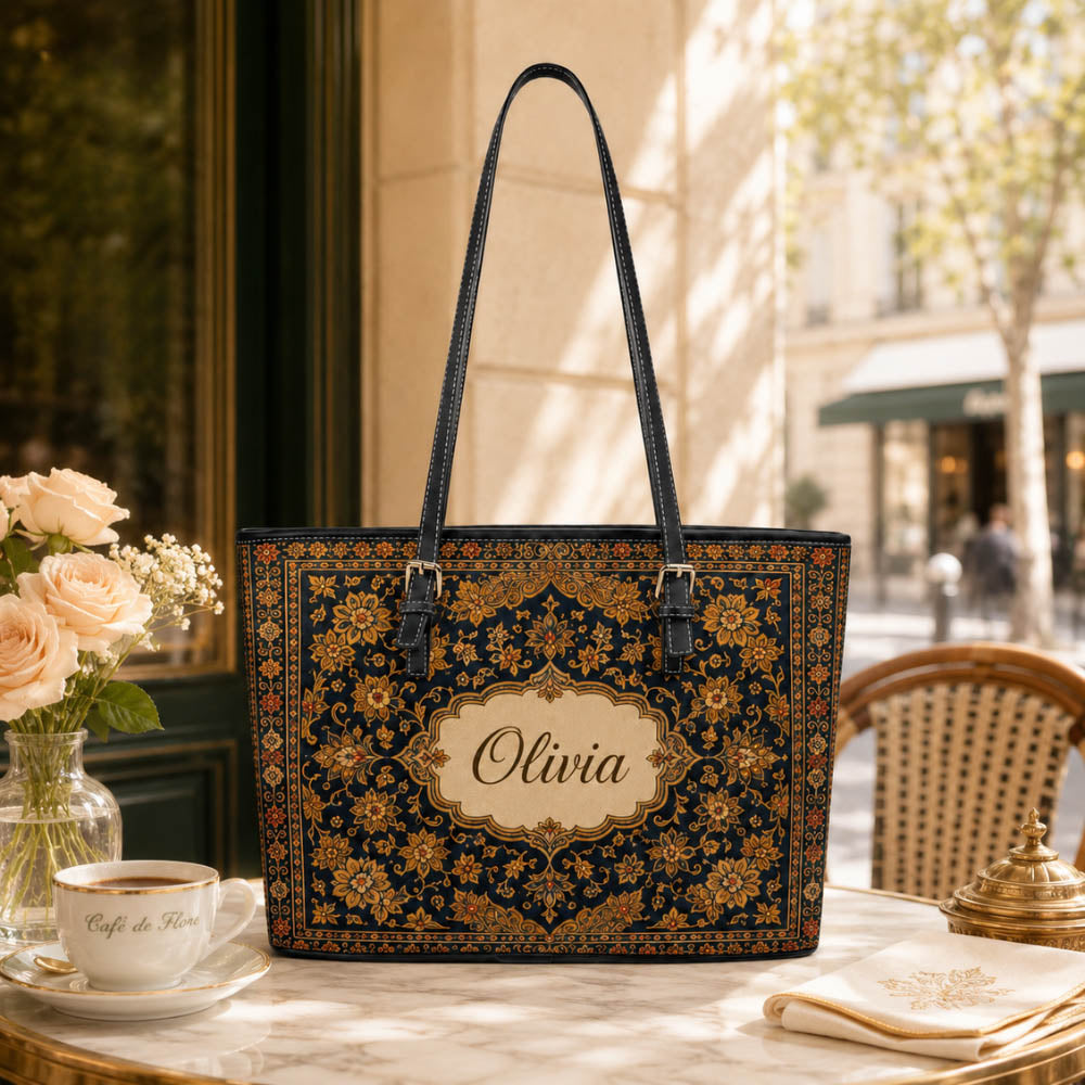 Vintage Persian Floral Travel Gift for Her - Personalized Leather Tote Bag
