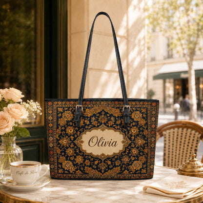 Vintage Persian Floral Travel Gift for Her - Personalized Leather Tote Bag