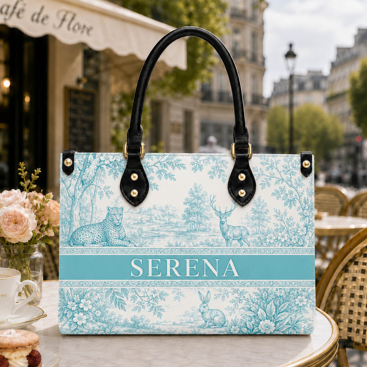 French Blue Toile Woodland Animal Gift for Her - Personalized Leather Bag Tote Bag & Wallet Set