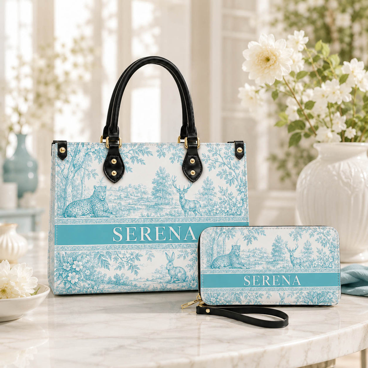 French Blue Toile Woodland Animal Gift for Her - Personalized Leather Bag Tote Bag & Wallet Set