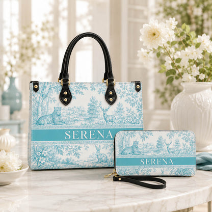 French Blue Toile Woodland Animal Gift for Her - Personalized Leather Bag Tote Bag & Wallet Set