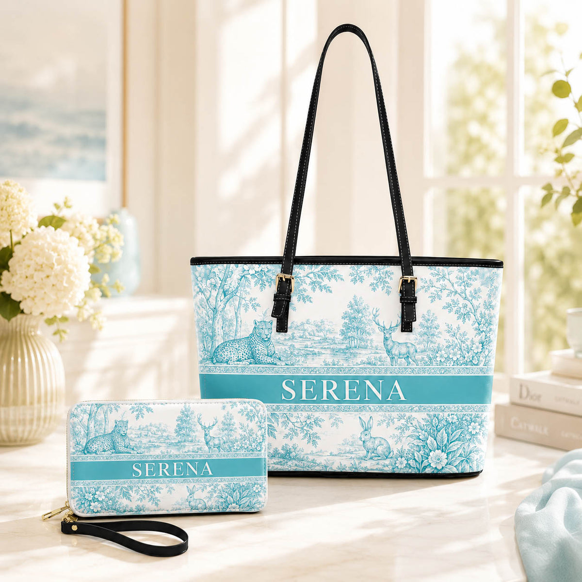 French Blue Toile Woodland Animal Gift for Her - Personalized Leather Bag Tote Bag & Wallet Set