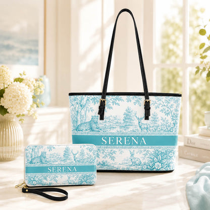 French Blue Toile Woodland Animal Gift for Her - Personalized Leather Bag Tote Bag & Wallet Set