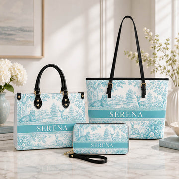 French Blue Toile Woodland Animal Gift for Her - Personalized Leather Bag Tote Bag & Wallet Set