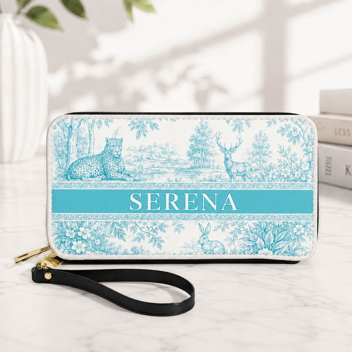 Blue Toile Woodland Travel Wallet Gift for Her - Personalized Leather Long Wallet
