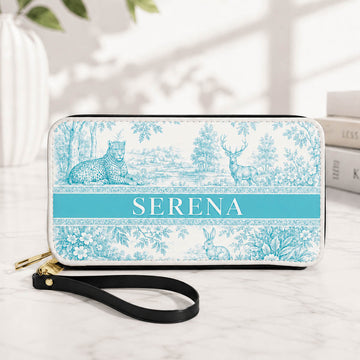 Blue Toile Woodland Travel Wallet Gift for Her - Personalized Leather Long Wallet