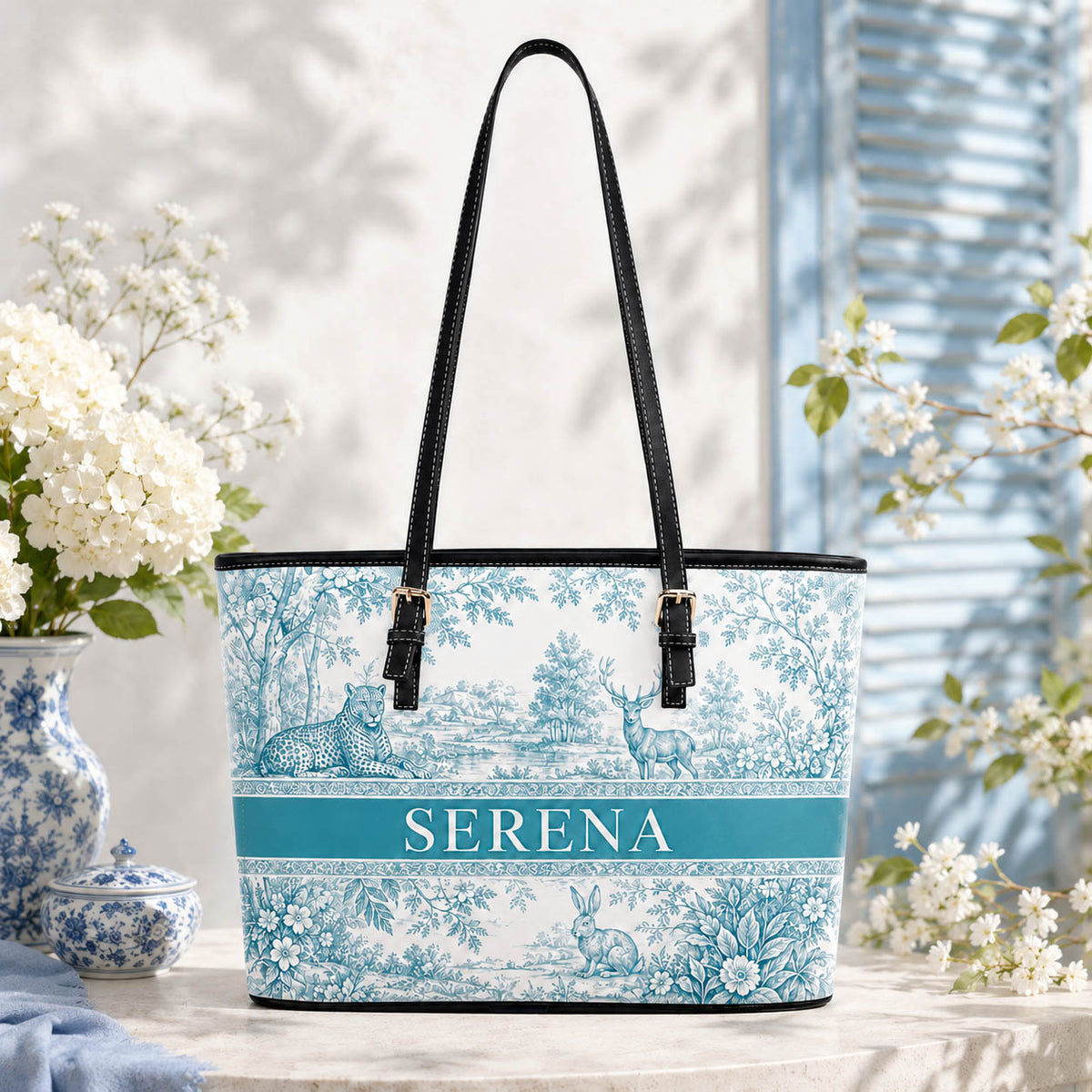 French Blue Toile Woodland Animal Gift for Her - Personalized Leather Bag Tote Bag & Wallet Set