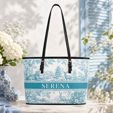 French Blue Toile Woodland Travel Gift for Her - Personalized Leather Tote Bag