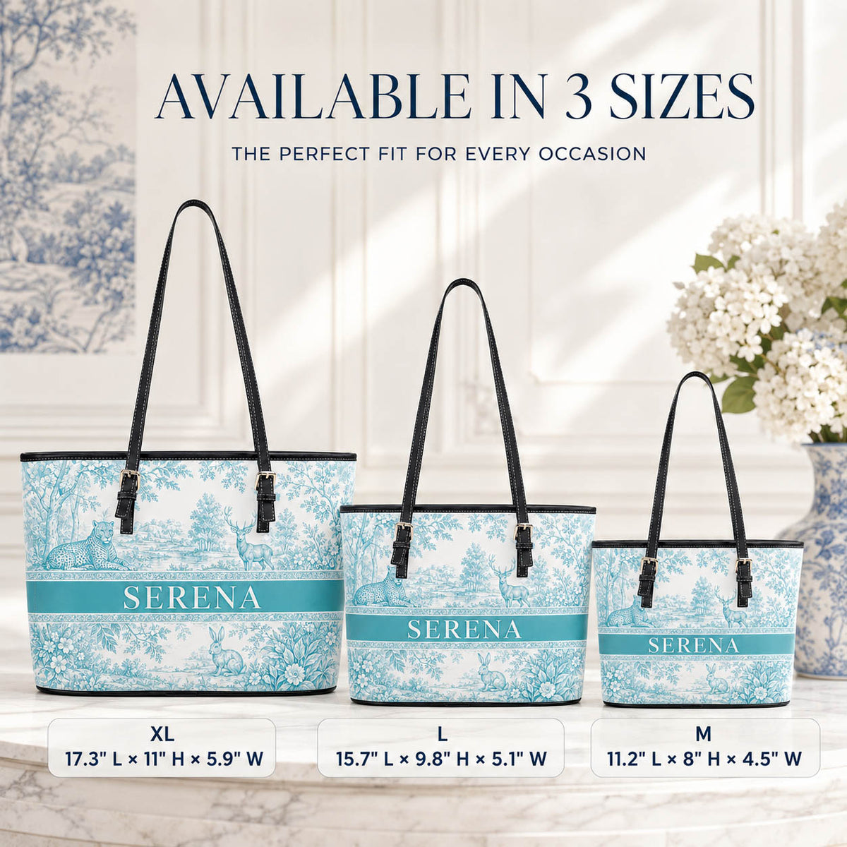 French Blue Toile Woodland Animal Gift for Her - Personalized Leather Bag Tote Bag & Wallet Set