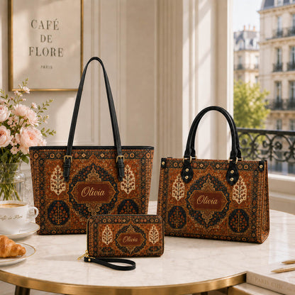 Vintage Persian Rug Boho Bag Set - Personalized Leather Bag Tote Bag & Wallet Set