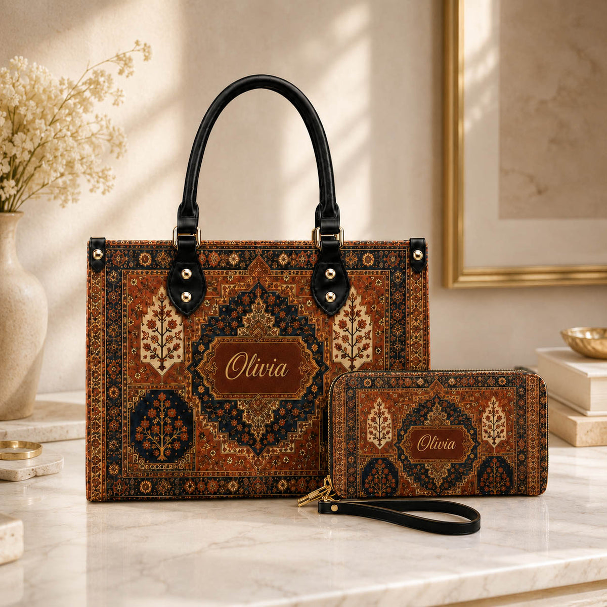 Vintage Persian Rug Boho Bag Set - Personalized Leather Bag Tote Bag & Wallet Set