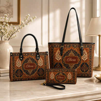 Vintage Persian Rug Boho Bag Set - Personalized Leather Bag Tote Bag & Wallet Set