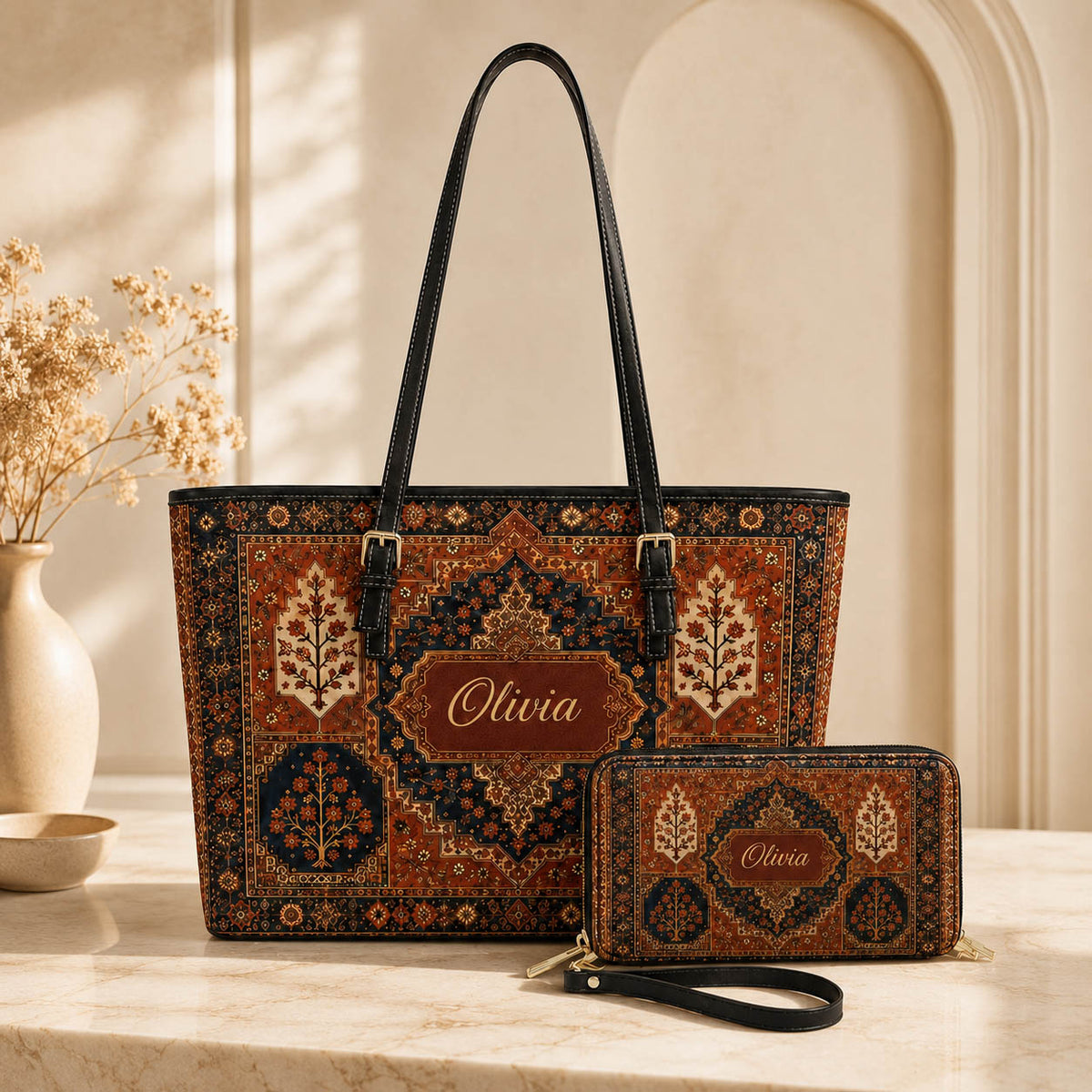Vintage Persian Rug Boho Bag Set - Personalized Leather Bag Tote Bag & Wallet Set