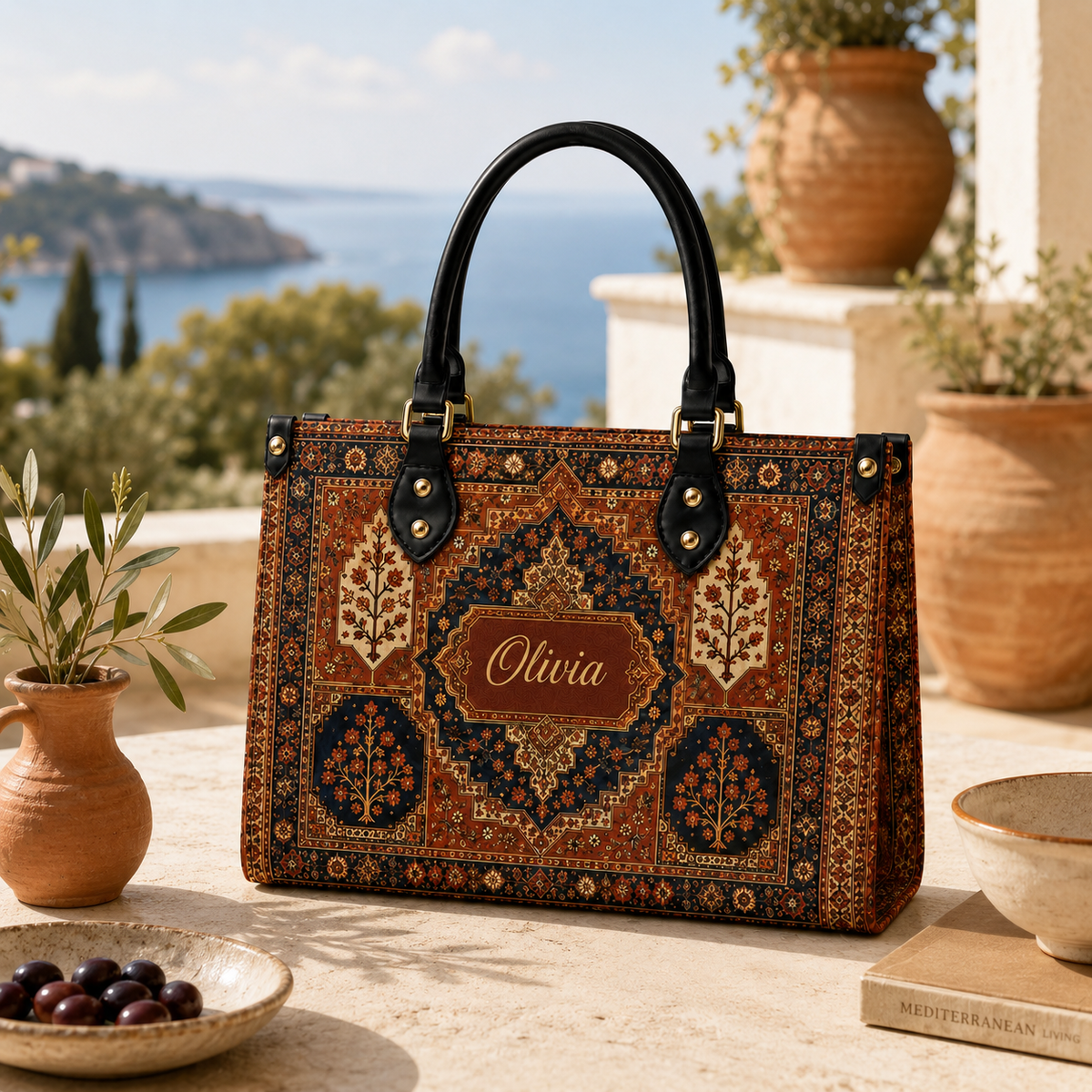 Black Persian Rug Boho Floral Purse Gift for Her - Personalized Leather Bag