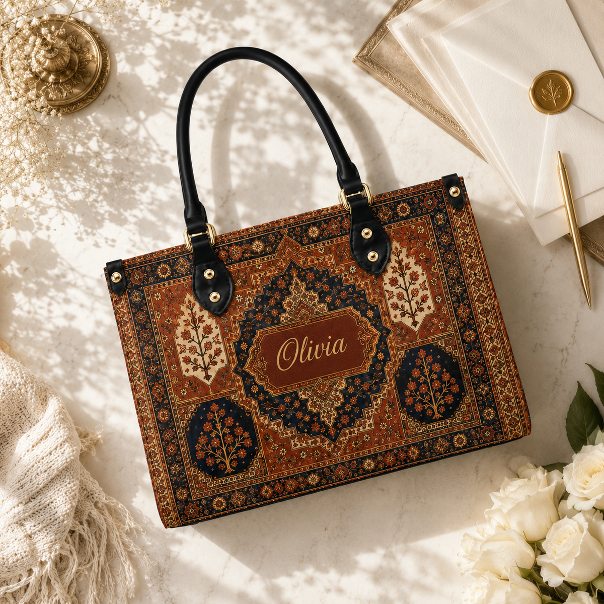 Black Persian Rug Boho Floral Purse Gift for Her - Personalized Leather Bag