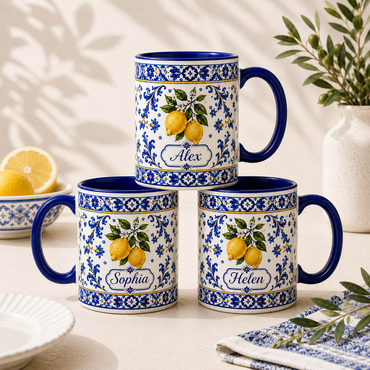 Mediterranean Lemon Blue Tile Coffee Gift - Personalized Mug