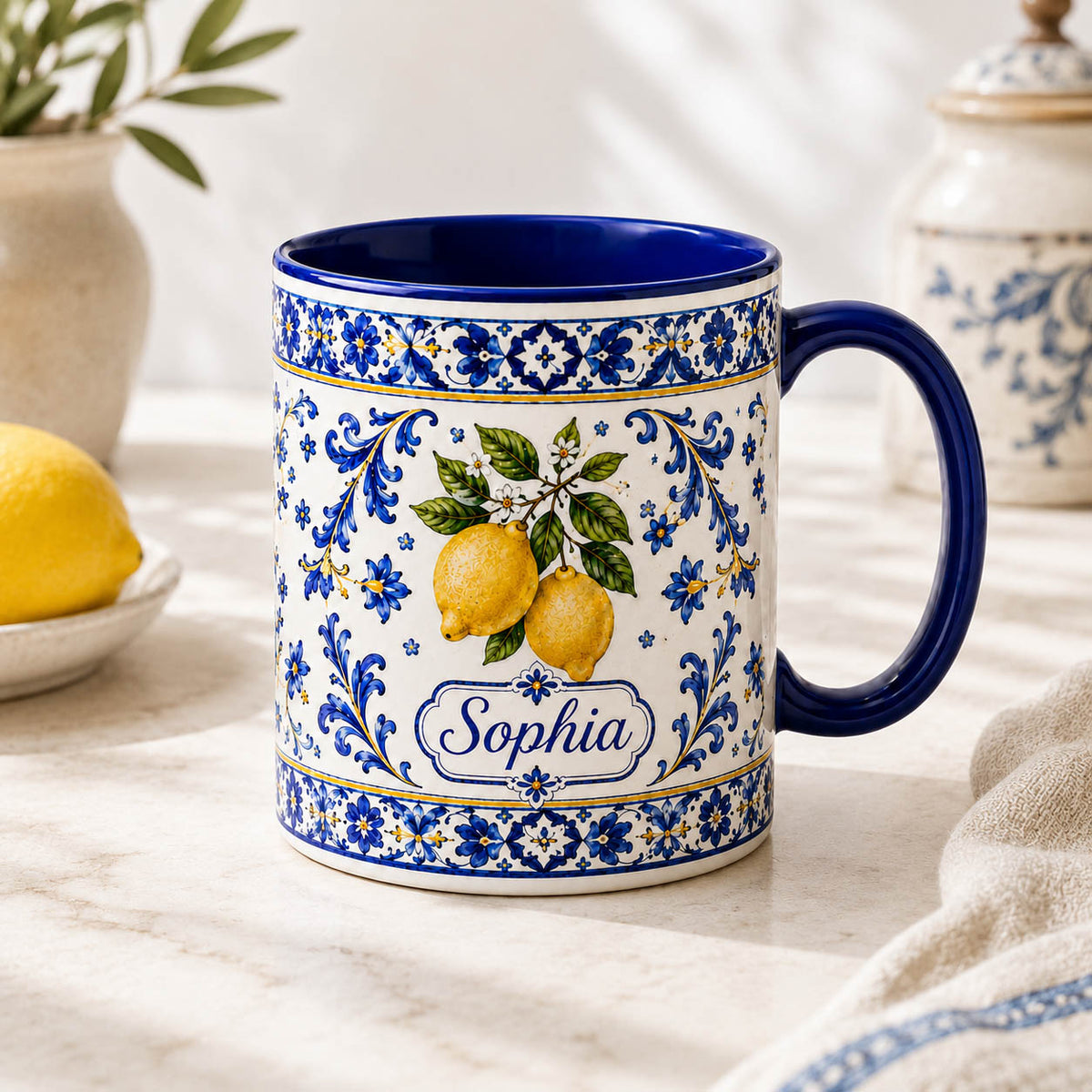 Mediterranean Lemon Blue Tile Coffee Gift - Personalized Mug