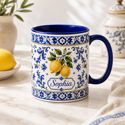 Mediterranean Lemon Blue Tile Coffee Gift - Personalized Mug